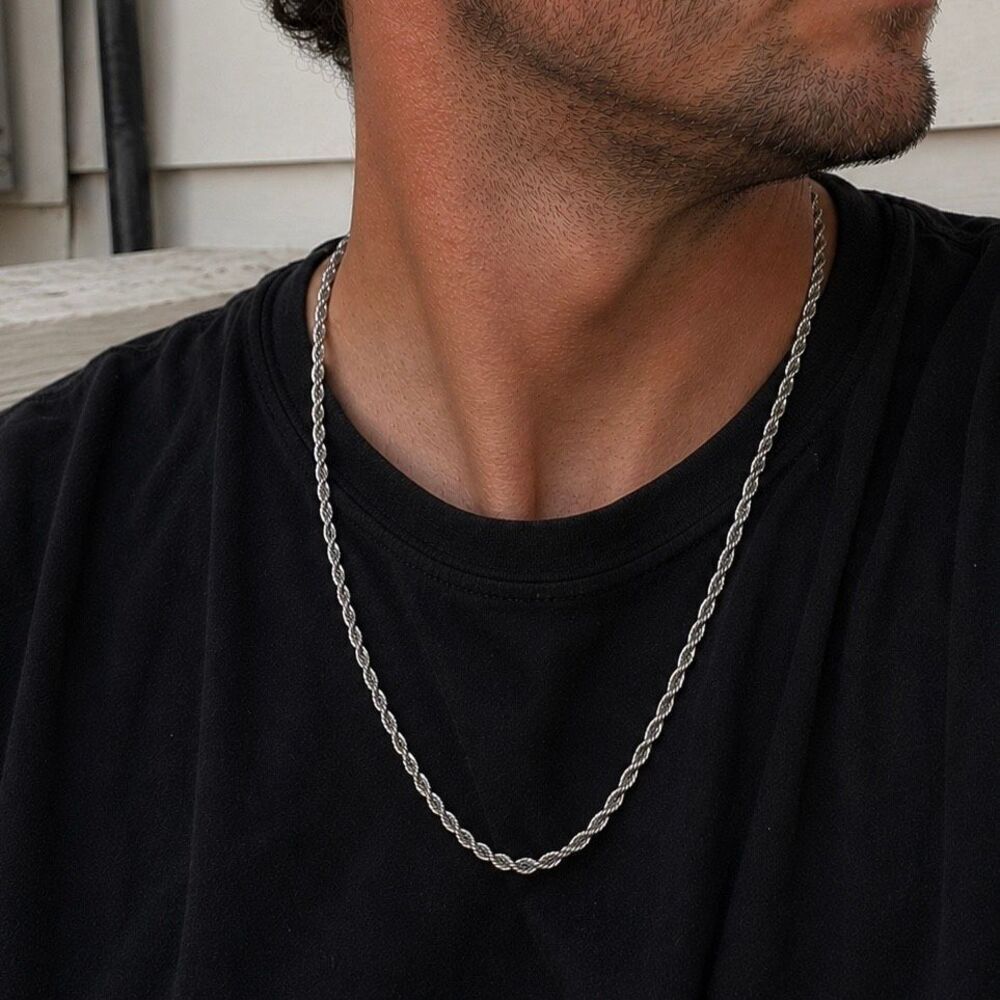 Twisted Rope Chain Necklace Set Silver Tone Matching Bracelet